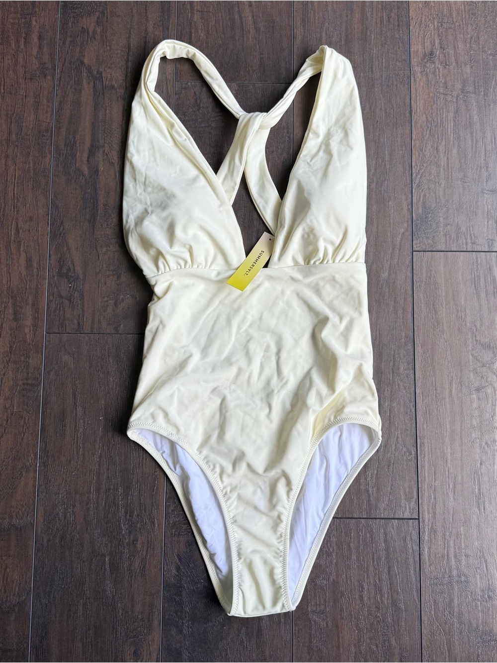 SUMMERSALT Cream One-Piece Swimsuit with Cross-Back Straps Plunge Size 8 NWT NEW